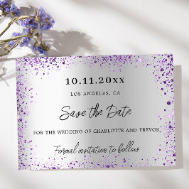 Bruiloft zilveren violette paarse glitter save the date