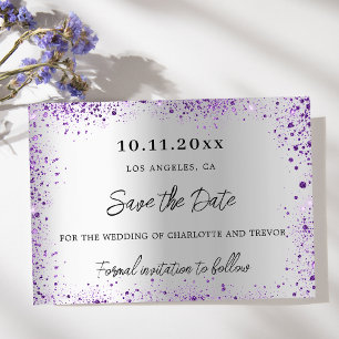 Bruiloft zilveren violette paarse glitter save the date