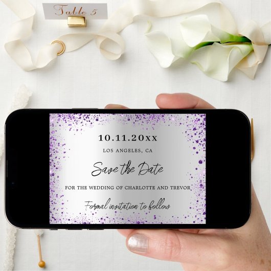 Bruiloft zilveren violette paarse glitter save the date