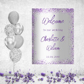 Bruiloft zilveren violette paarse glitter welkom poster