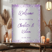 Bruiloft zilveren violette paarse glitter welkom poster