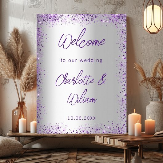 Bruiloft zilveren violette paarse glitter welkom poster