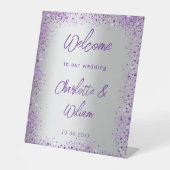 Bruiloft zilveren violette paarse glitter welkom reclamebord met voetstuk (Voorkant)