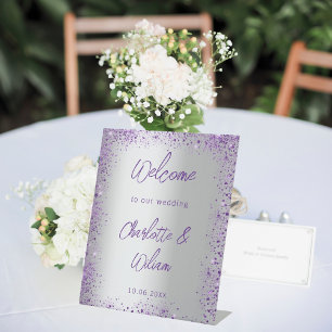 Bruiloft zilveren violette paarse glitter welkom reclamebord met voetstuk