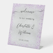 Bruiloft zilveren violette schittert welkom reclamebord met voetstuk (Voorkant)