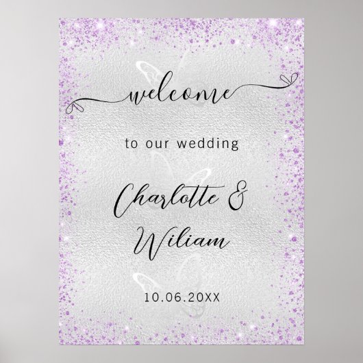 Bruiloft zilveren violette vlinders welkom poster (Voorkant)