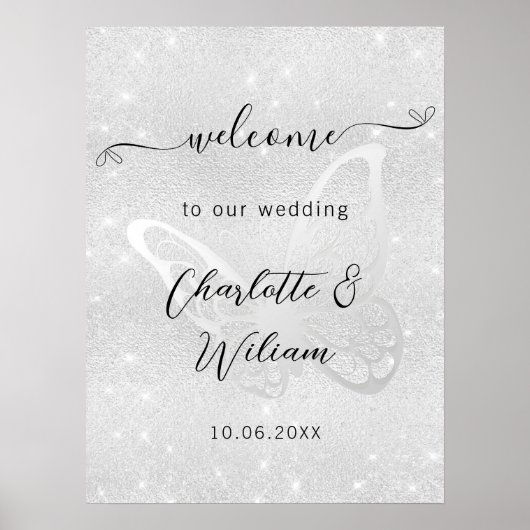 Bruiloft zilveren vlinder welkom poster (Voorkant)