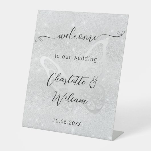 Bruiloft zilveren vlinder welkom reclamebord met voetstuk (Voorkant)