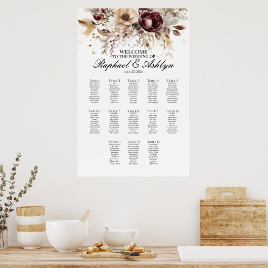 Bruiloft zitgrafiek 13 tafels, bourgondische pioen poster (Keuken)