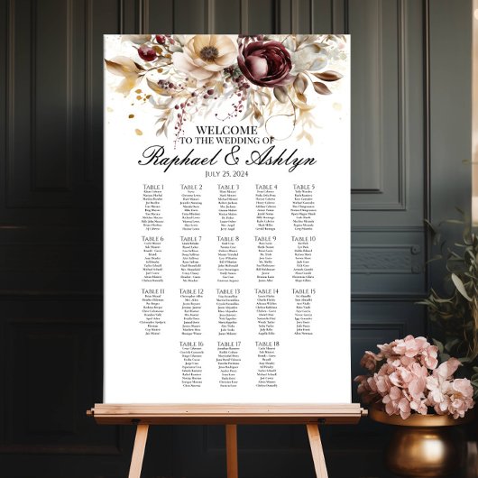 Bruiloft zitgrafiek 18 tafels, bourgondische pioen poster