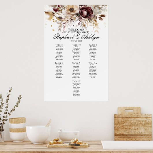Bruiloft zitgrafiek 7 tafels, bordeaux pioenrozen poster (Keuken)