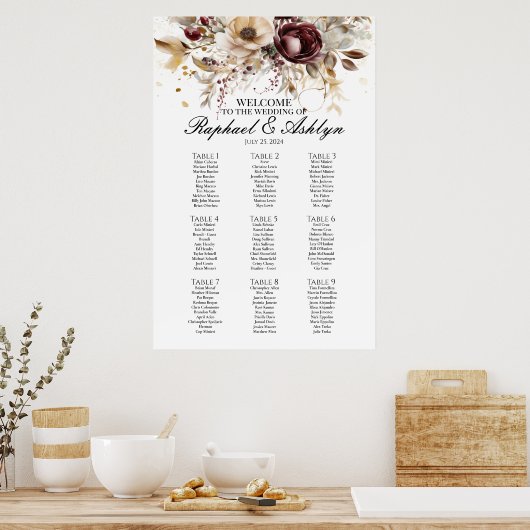 Bruiloft zitgrafiek 9 tafels, bourgondische pioene poster (Keuken)