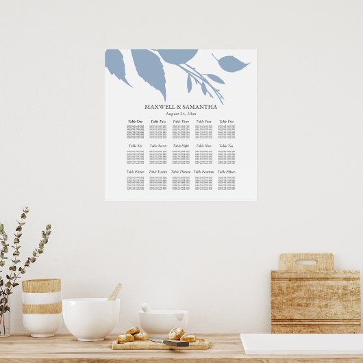 Bruiloft ZITGRAFIEK Elegant Stoffig Blauw Bladeren Poster (Keuken)