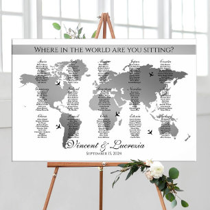 Bruiloft zitkaart reis thema wereldkaart poster