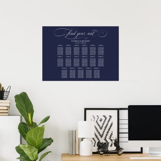 Bruiloft Zitkaarten Teken 17 Tafels Navy Blue Poster (Thuiskantoor)