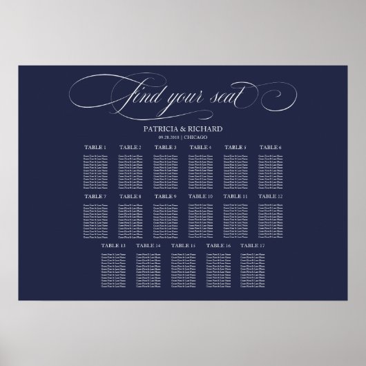 Bruiloft Zitkaarten Teken 17 Tafels Navy Blue Poster (Voorkant)