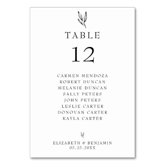 Bruiloft zitplaatsen kaart tafel minimalistisch (Voorkant)