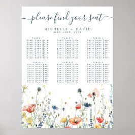 Bruiloft zitplaatskaart met levendige wilde bloeme poster