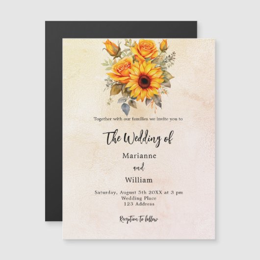 Bruiloft zonnebloemen groen rustieke gele luxe magnetische uitnodiging (Voorkant / Achterkant)