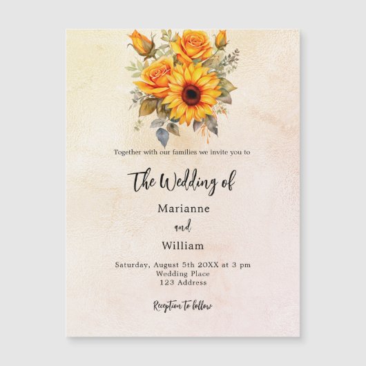 Bruiloft zonnebloemen groen rustieke gele luxe magnetische uitnodiging (Voorkant)