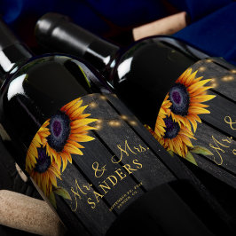 Bruiloft zonnebloemen rustieke meneer en mevrouw f wijn etiket