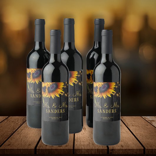 Bruiloft zonnebloemen rustieke meneer en mevrouw f wijn etiket