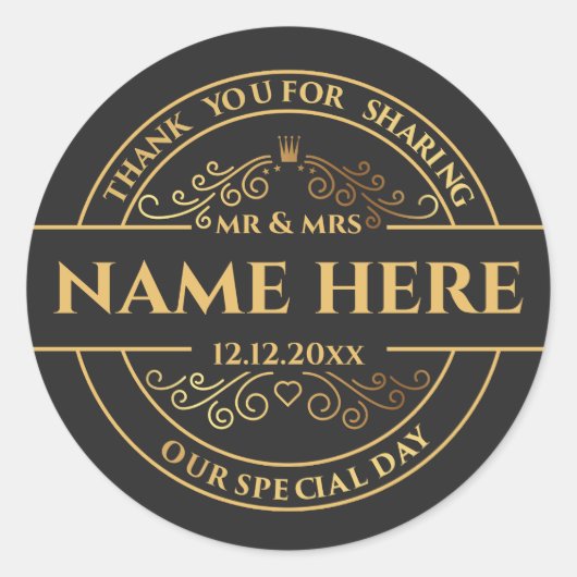 Bruiloft  Zwart en Goud gepersonaliseerd Ronde Sticker (Voorkant)