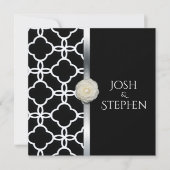 Bruiloft Zwart en Wit Quatrefoil Wit Rose Kaart (Voorkant)