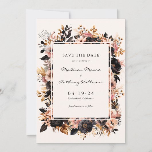 Bruiloft Zwart & Goud Bloemen Save The Date Kaart (Voorkant)
