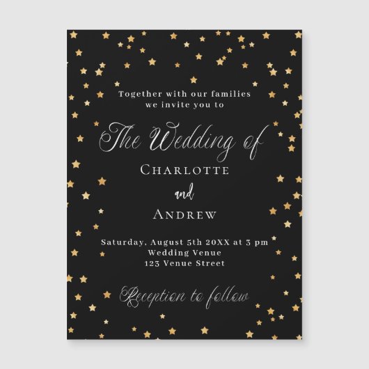 Bruiloft zwart goud sterren elegante script luxe magnetische uitnodiging (Voorkant)