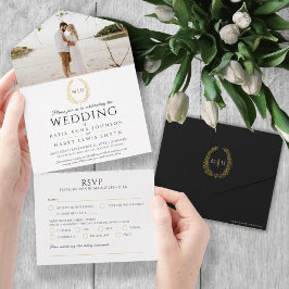 Bruiloft zwart goud wit ovaal blad monogram foto all in one uitnodiging
