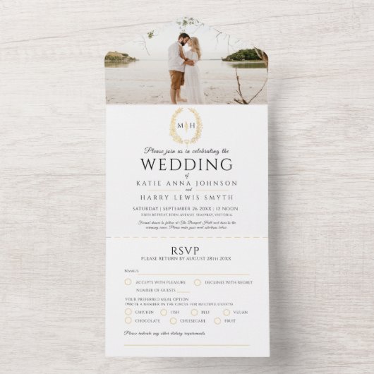 Bruiloft zwart goud wit ovaal blad monogram foto all in one uitnodiging (Binnen)