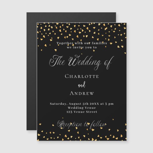 Bruiloft zwart gouden harten elegant script luxe magnetische uitnodiging (Voorkant / Achterkant)