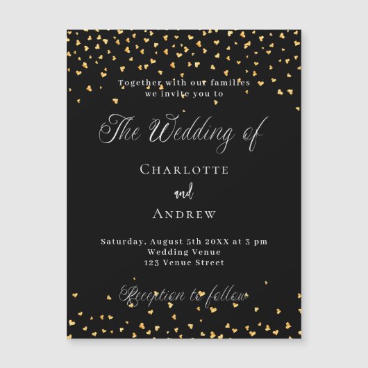 Bruiloft zwart gouden harten elegant script luxe magnetische uitnodiging (Voorkant)