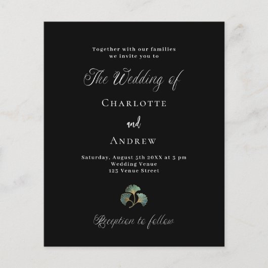 Bruiloft zwart groen ginkgo budget uitnodiging (Voorkant)