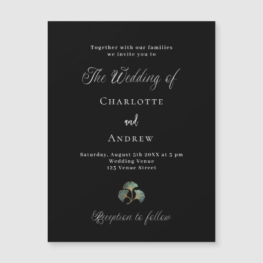 Bruiloft zwart groen ginkgo verlaat script luxe magnetische uitnodiging (Voorkant)
