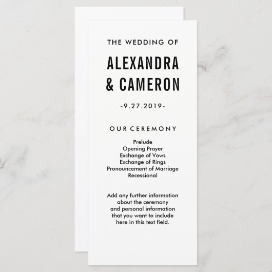 bruiloft | Zwart Moderne Tekst op Wit Programma Programmakaart (Voorkant / Achterkant)