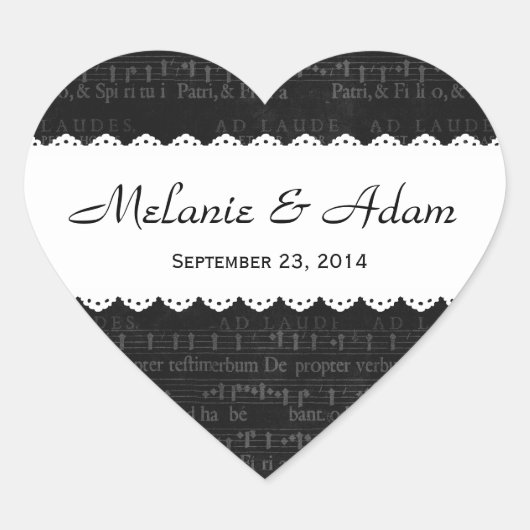 Bruiloft zwart muzikaal patroon geschulpte lint V1 Hart Sticker (Voorkant)