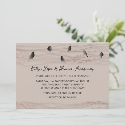 Bruiloft Zwart Roos Blush Delicate Lines Vogels Kaart (Staand voorkant)