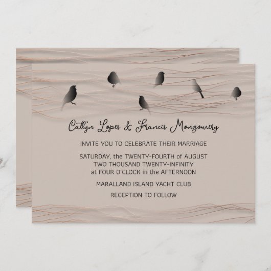 Bruiloft Zwart Roos Blush Delicate Lines Vogels Kaart (Voorkant / Achterkant)