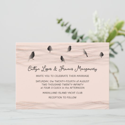 Bruiloft Zwart Roos Poeder Delicate Lines Vogels Kaart (Staand voorkant)