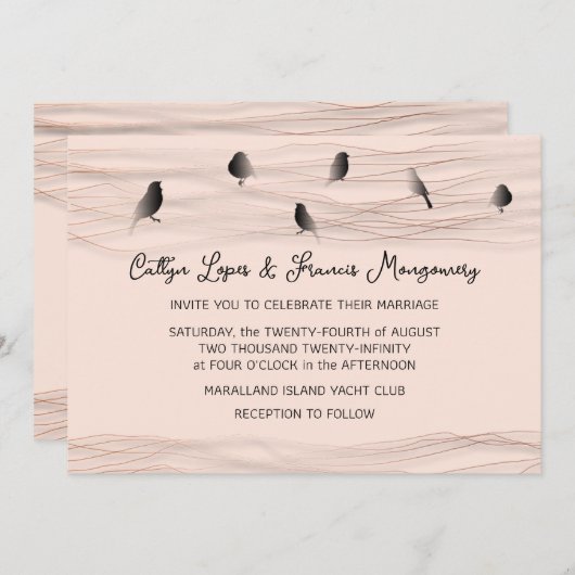 Bruiloft Zwart Roos Poeder Delicate Lines Vogels Kaart (Voorkant / Achterkant)