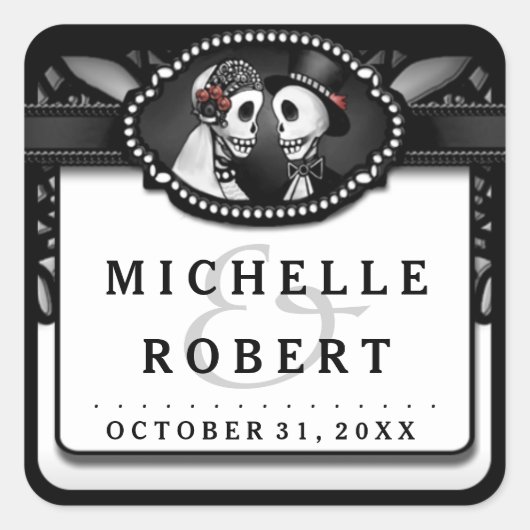 Bruiloft Zwart Wit Kant Namen Skeletten Bruiloft Vierkante Sticker (Voorkant)