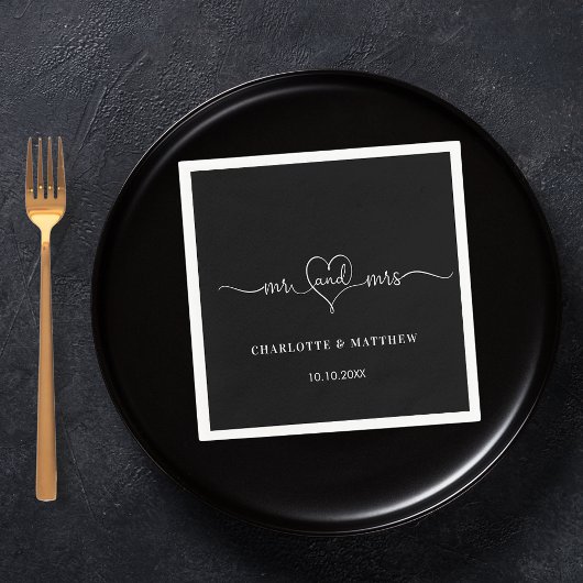 Bruiloft zwart wit mr mrs hart script eenvoudig servet