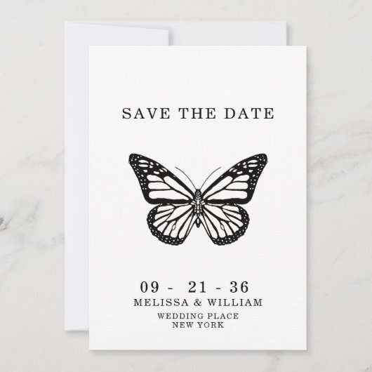 Bruiloft Zwart-witte vlinder Save The Date (Voorkant)