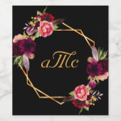 Bruiloft zwarte bloemen bordeaux monogram initiale wijn etiket (Enkel label)