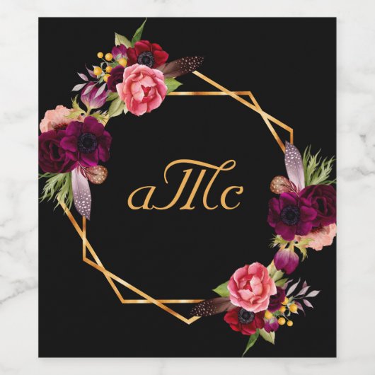 Bruiloft zwarte bloemen bordeaux monogram initiale wijn etiket (Enkel label)