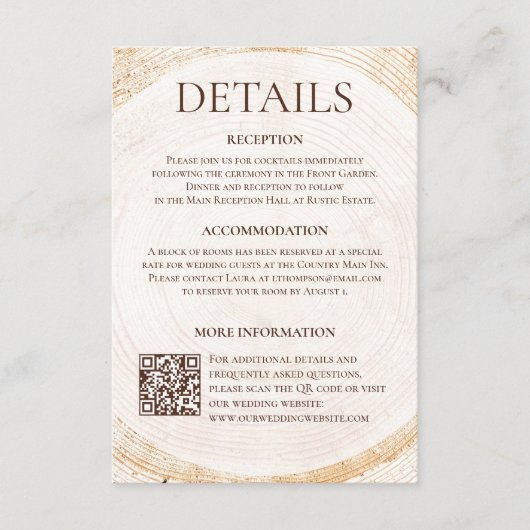 Bruiloftdetailskaart van rustiek hout met QR-code Informatiekaartje (Voorkant)