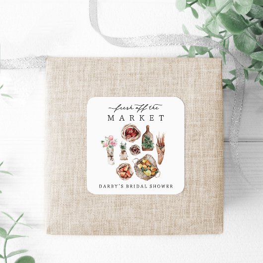Bruiloftfavor met boerenmarktthema vierkante sticker