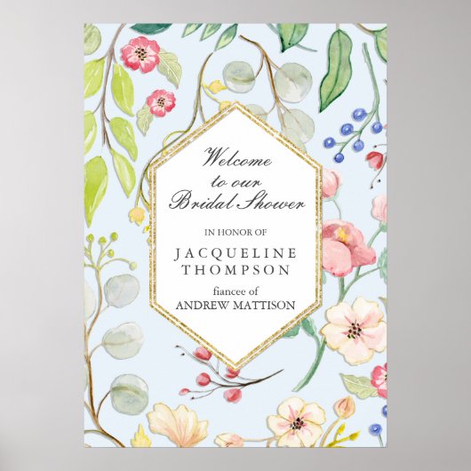 Bruiloftfeest Welkom Stof Blauw Bloemengebladerte Poster (Voorkant)